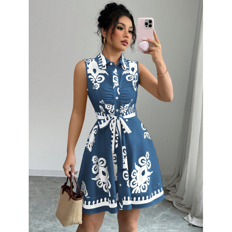 Tie-Waist Floral Print Sleeveless Dress