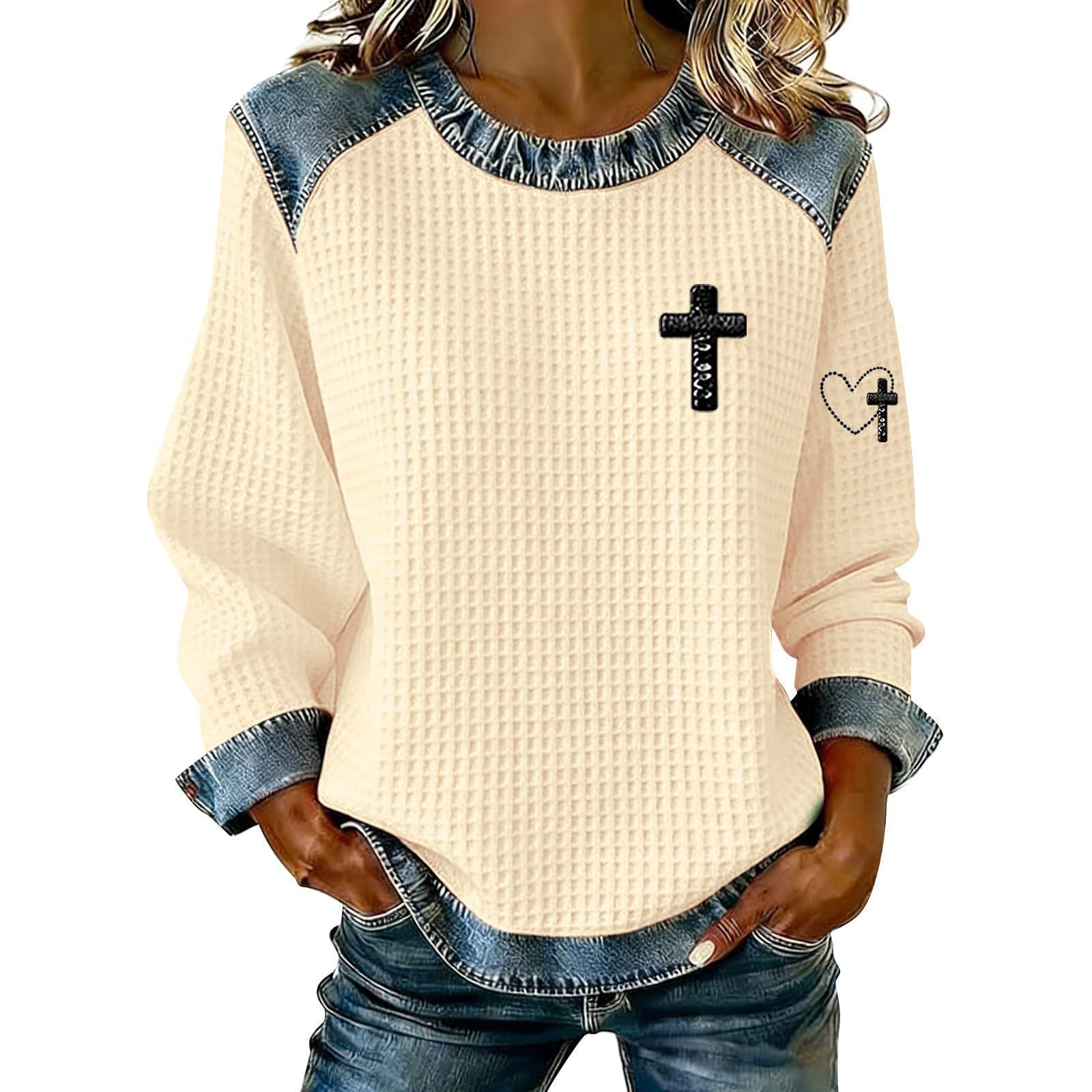 Women's Cross Print Crewneck Pullover Sweatshirt