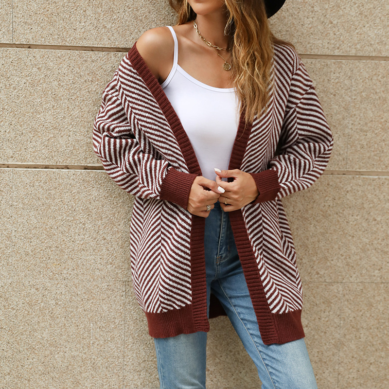 Women's Striped Colorblock Knit Cardigan Loose Long Sweater Coat