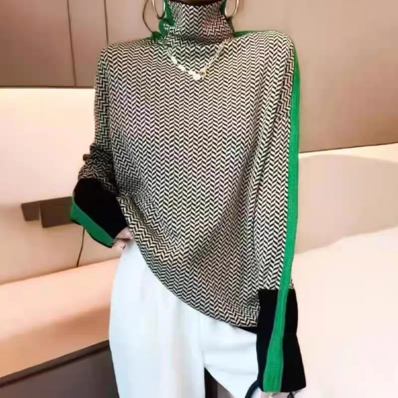 Women's Cozy High-Neck Color-Block Faux Wool Knit Sweater