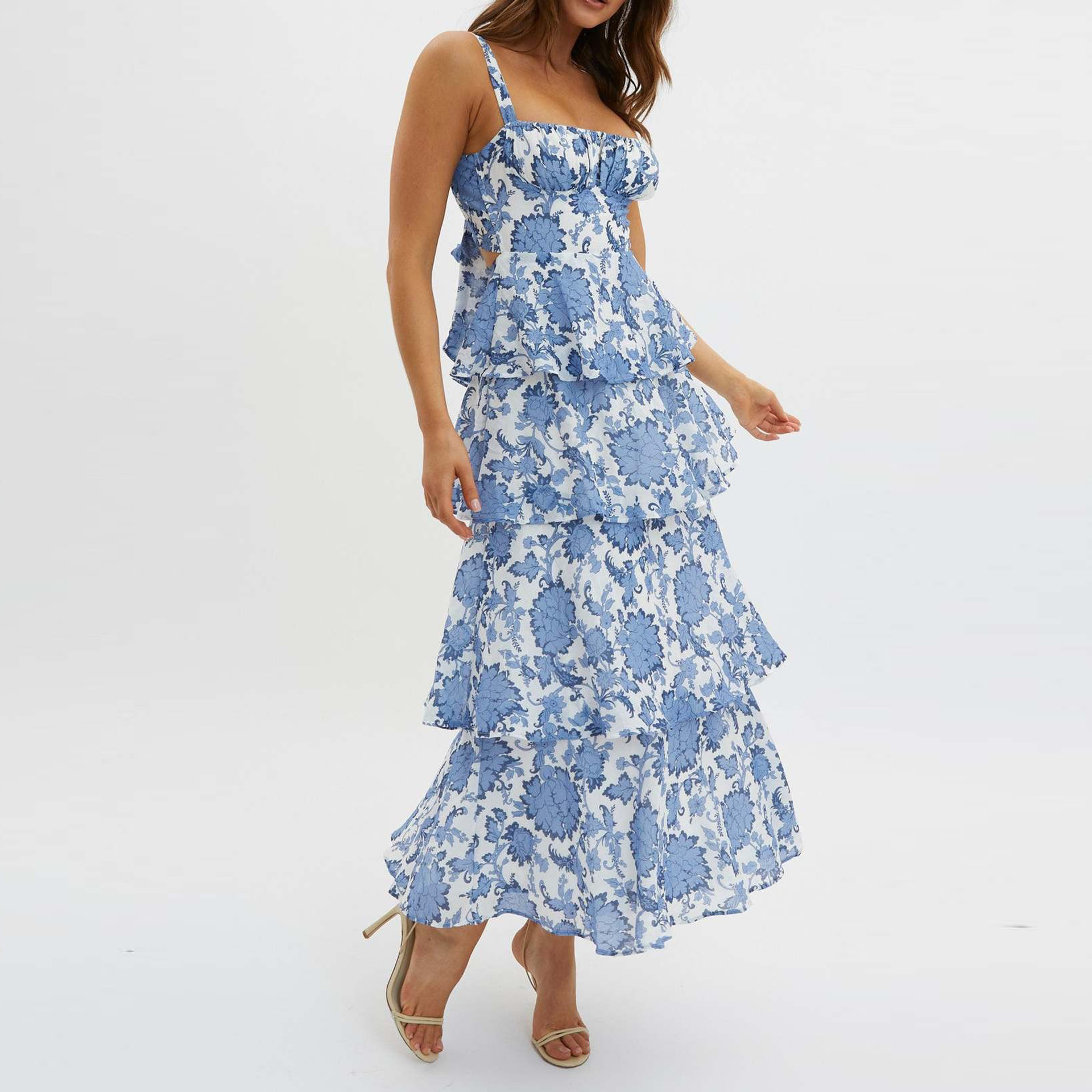 Elegant Floral Print Sleeveless Bodycon Midi Dress