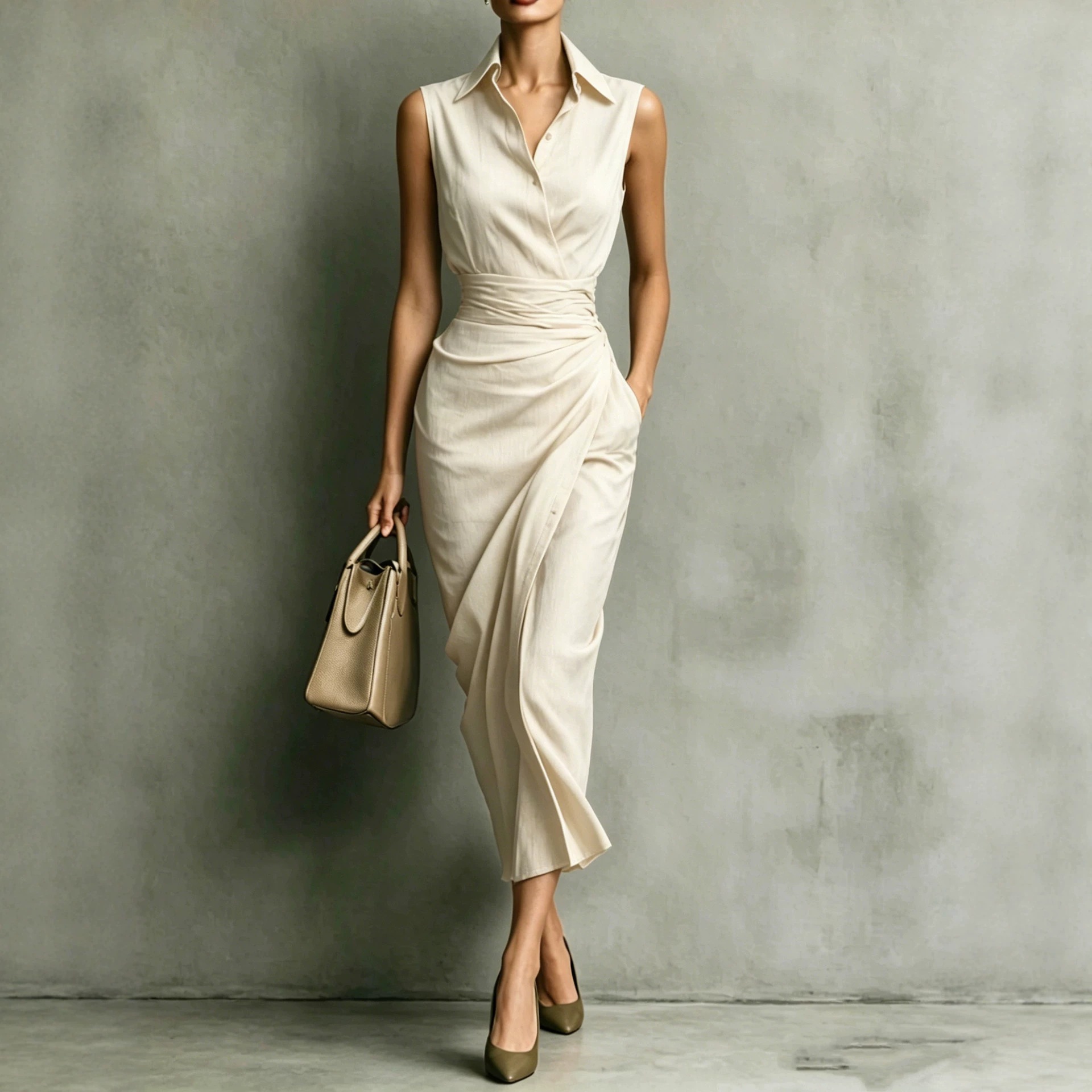 Sleeveless Asymmetric Shirt Dress Slim Fit Cotton Linen Blend