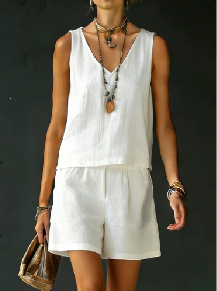Women's Sleeveless Linen-Cotton Vest and Shorts Set Solid Color Two-Piece