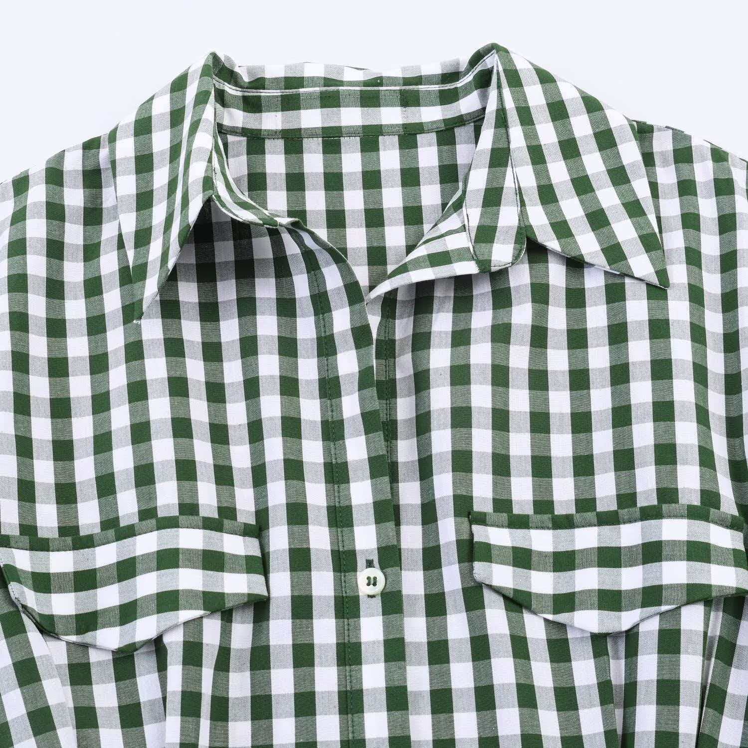 Plaid Shirt Dress Short Sleeve Slimming Midi