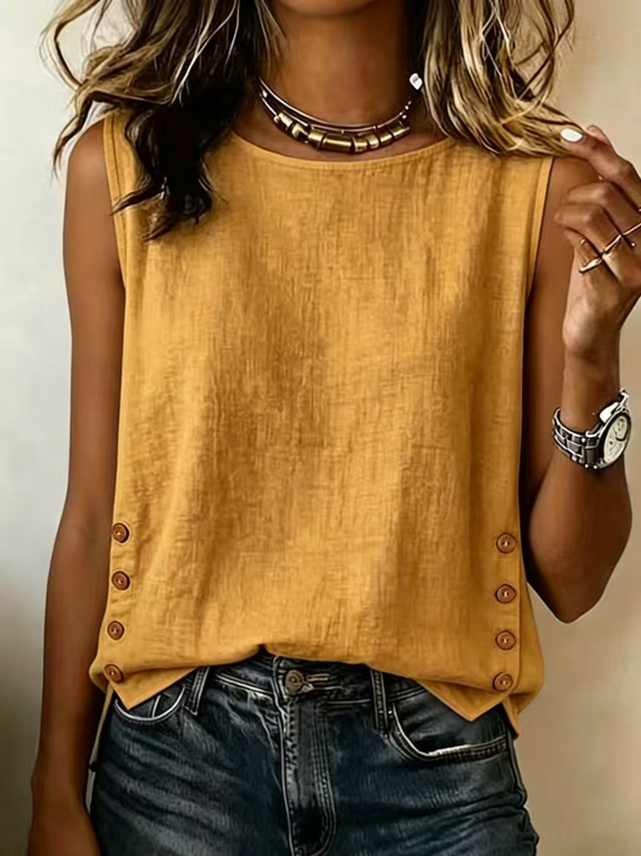 Women's Summer Round Neck Loose Button Cotton-Linen Solid Color T-Shirt