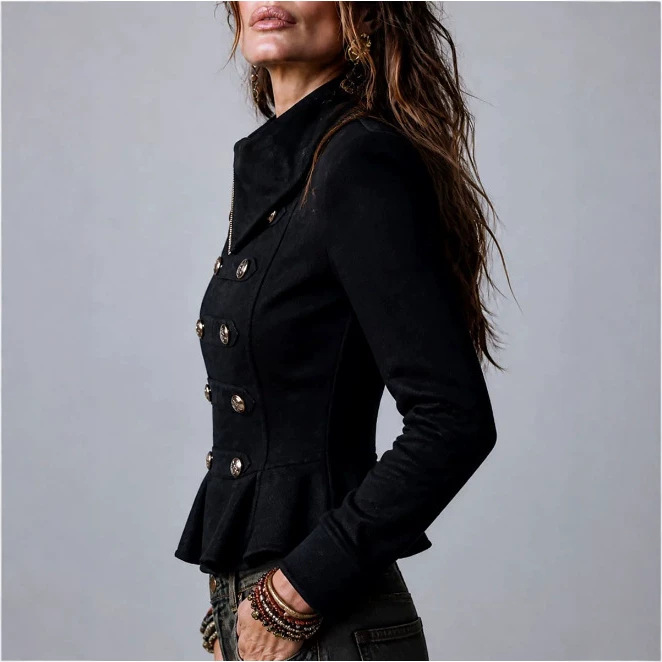Women's Retro Solid Color Asymmetric Button Placket Ruffle Jacket