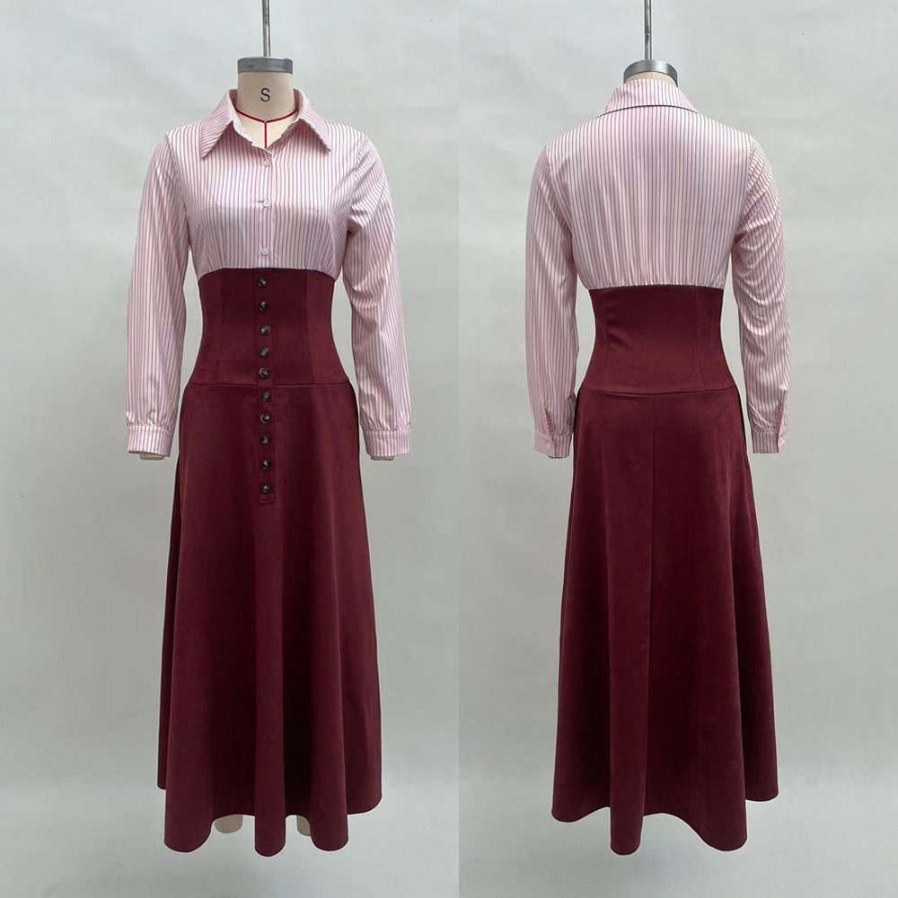 Women's High Waist Slimming Shirt Collar A-Line Dress with Spliced Flared Skirt