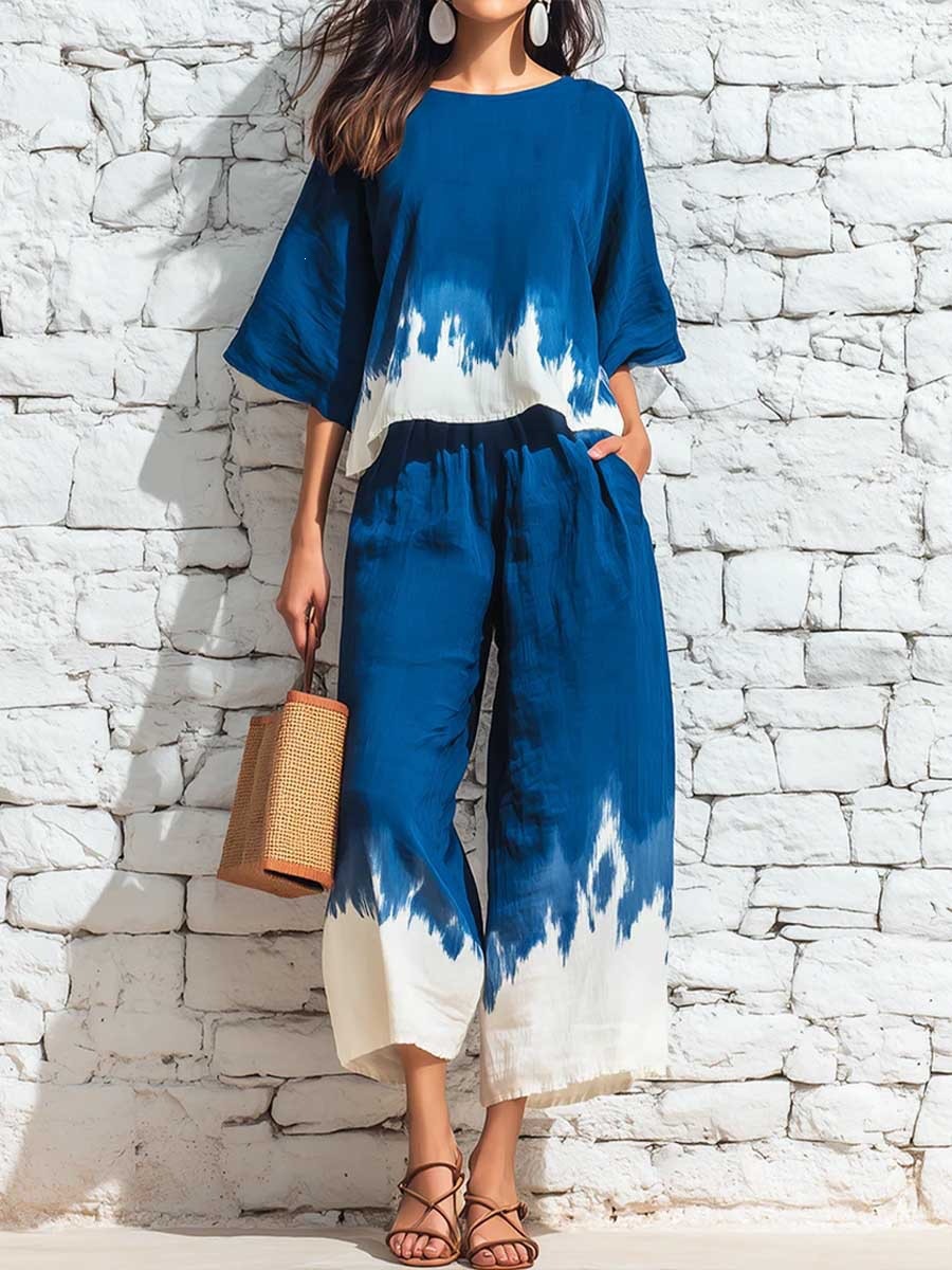 Women's Tie-Dye Print Straight-Leg Pant Set Casual Short Sleeve