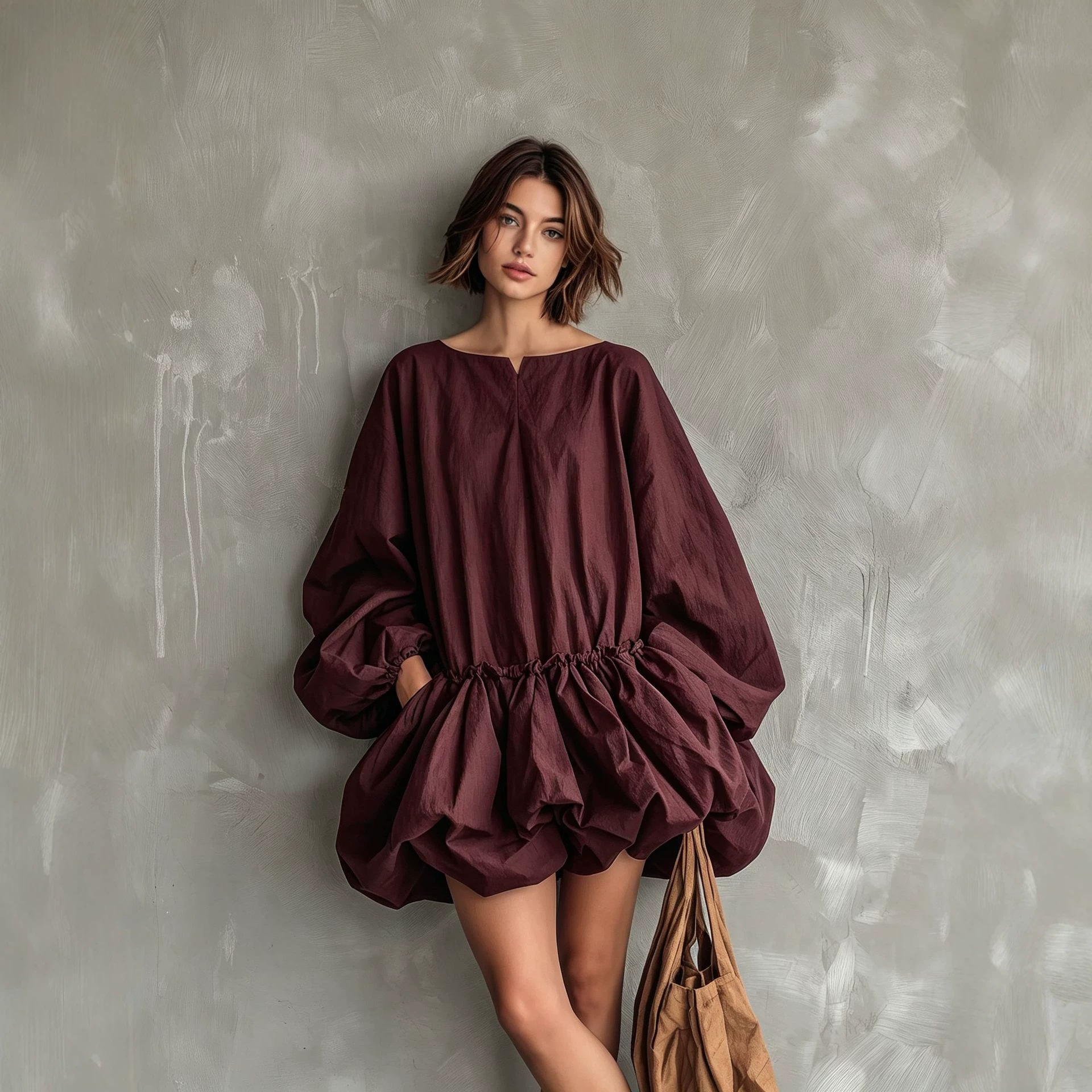 Solid Color Round Neck Puff Sleeve Long Sleeve Waist-Cinched Bubble Dress