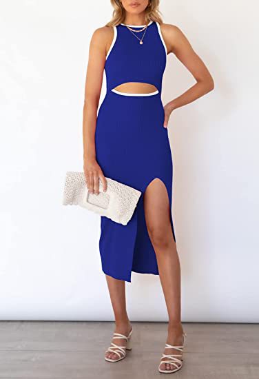 Women's Sleeveless Ribbed Midi Dress with Round Neck and Slit