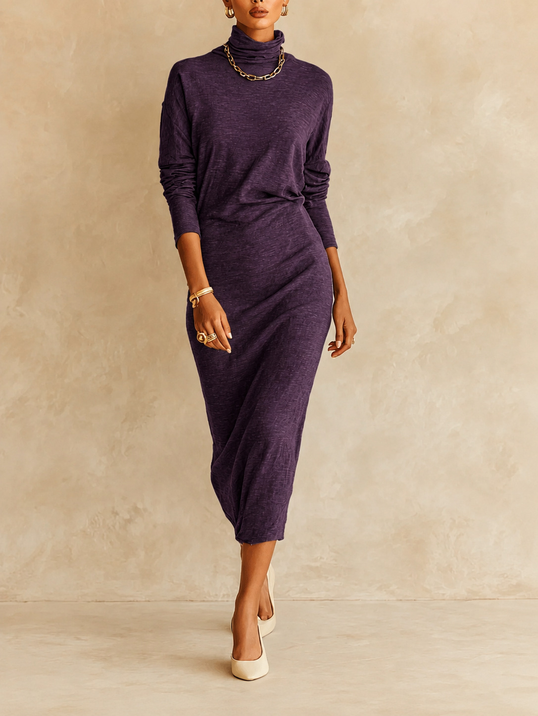 Women's Turtleneck Solid Bodycon Midi Dress Slim Fit Elegant