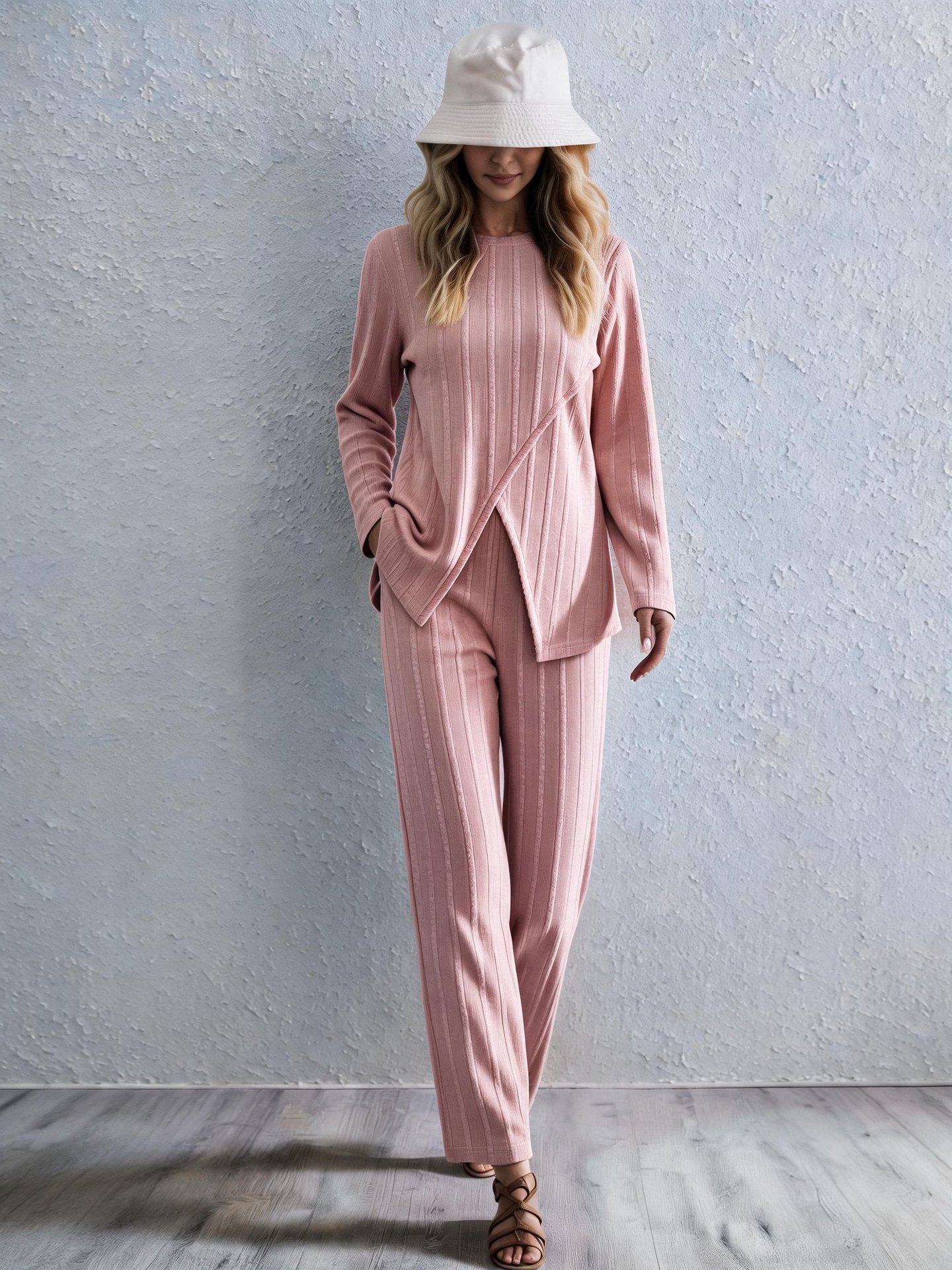 Women's Ribbed Cross-Front Long Sleeve Top & Wide-Leg Pants Set