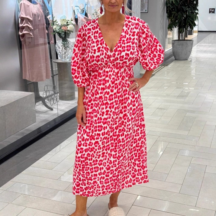 Women's Floral Print Deep V-Neck 3/4 Sleeve Waist-Cinched Loose Dress