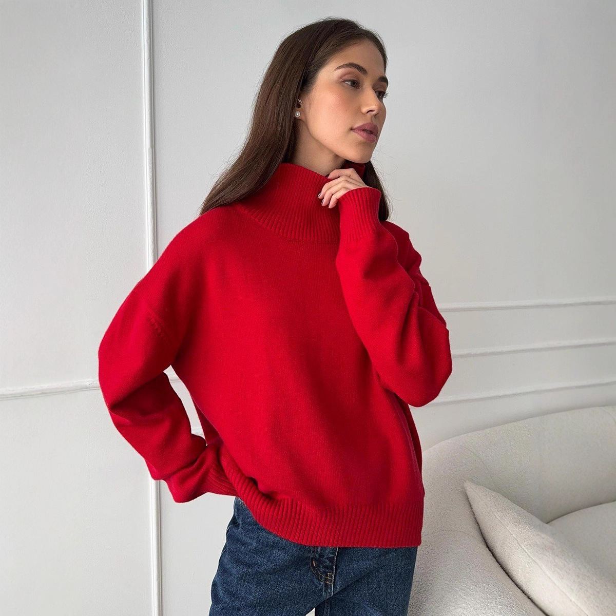 Women's Loose High Neck Solid Color Pullover Knit Sweater