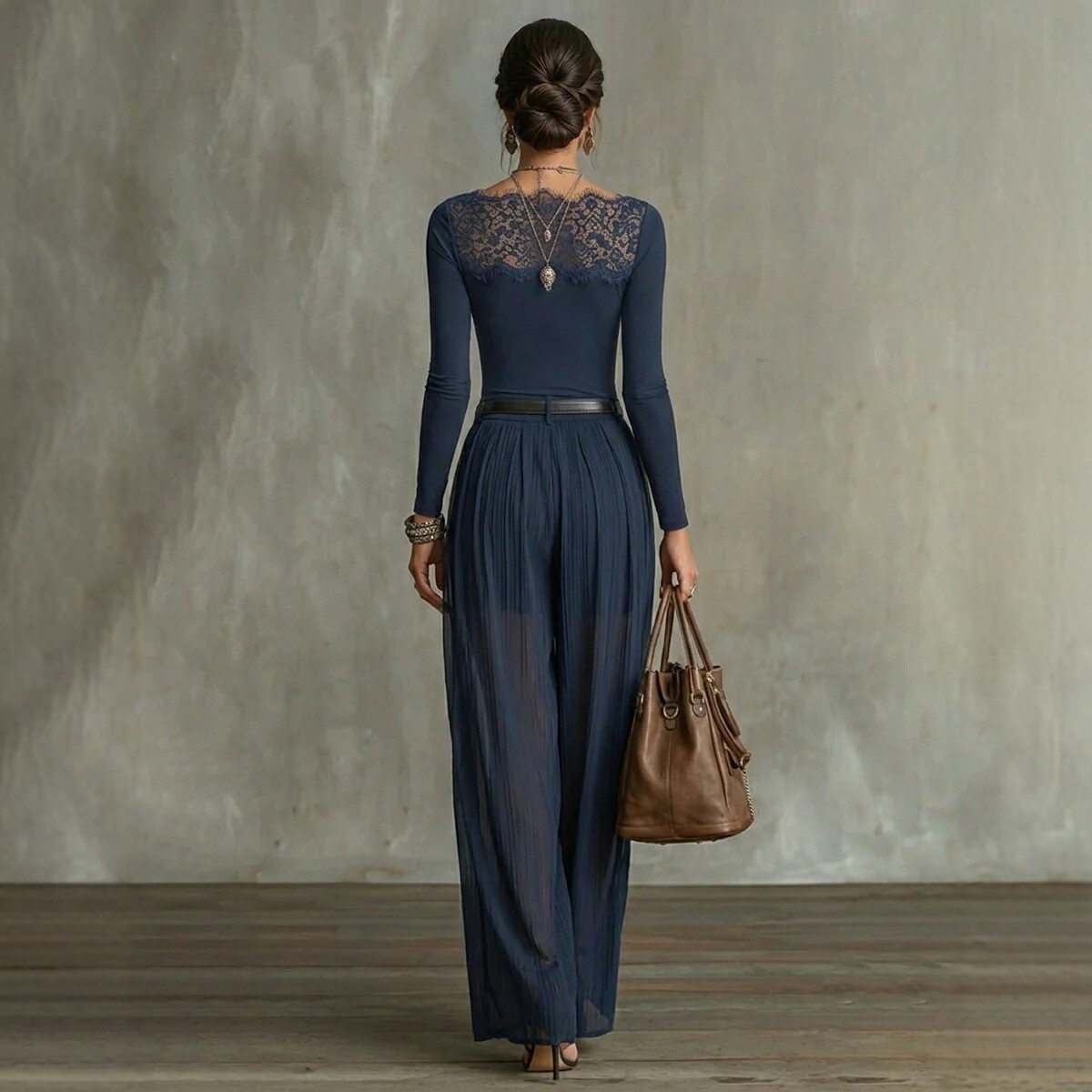 Lace Panel Long Sleeve Top and High Waist Wide Leg Pants Set