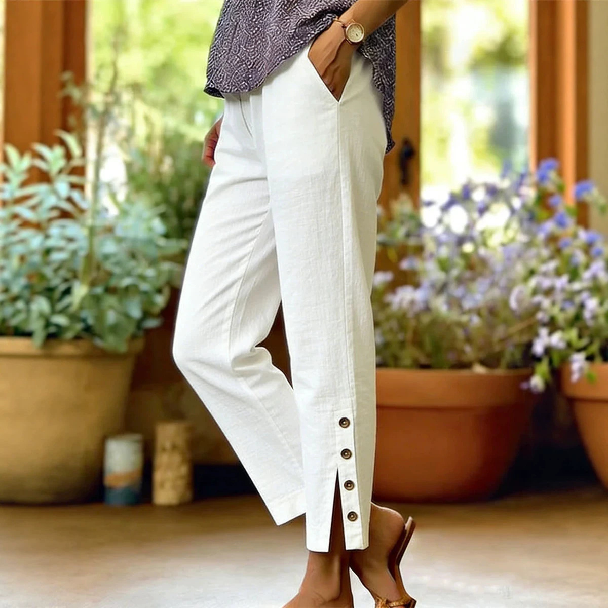 Women's Cotton-Linen Straight-Leg Cropped Pants with Side Buttons