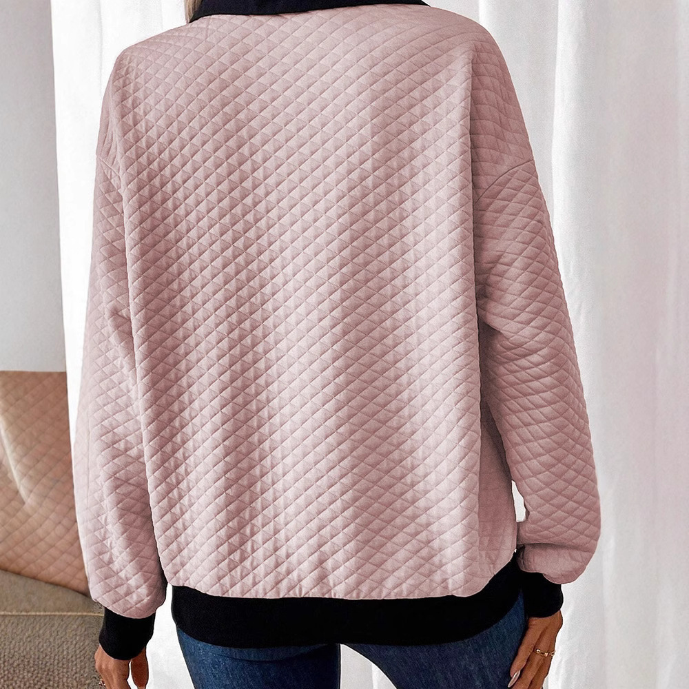 Women's Color-Block Buttoned Collar Pullover Sweatshirt Loose Fit