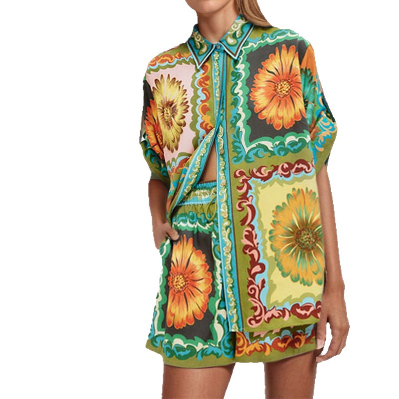 Women's Short Sleeve Printed Top and Shorts Set, Loose Casual Two-Piece, Green