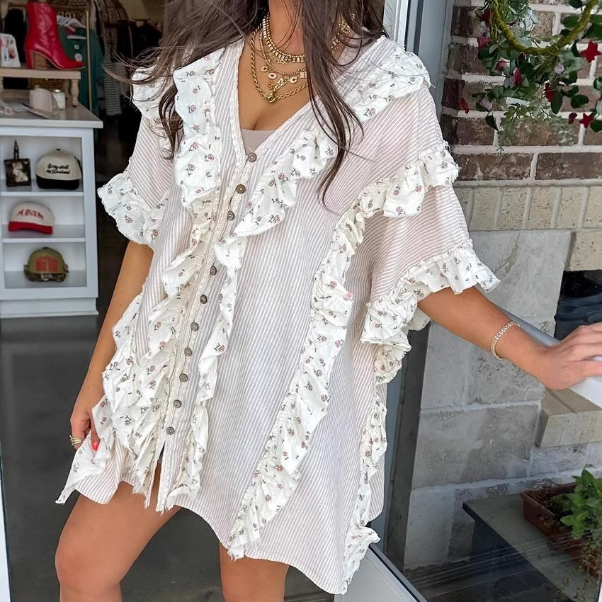 V-Neck Short Sleeve Digital Print Patchwork Dress Shirt