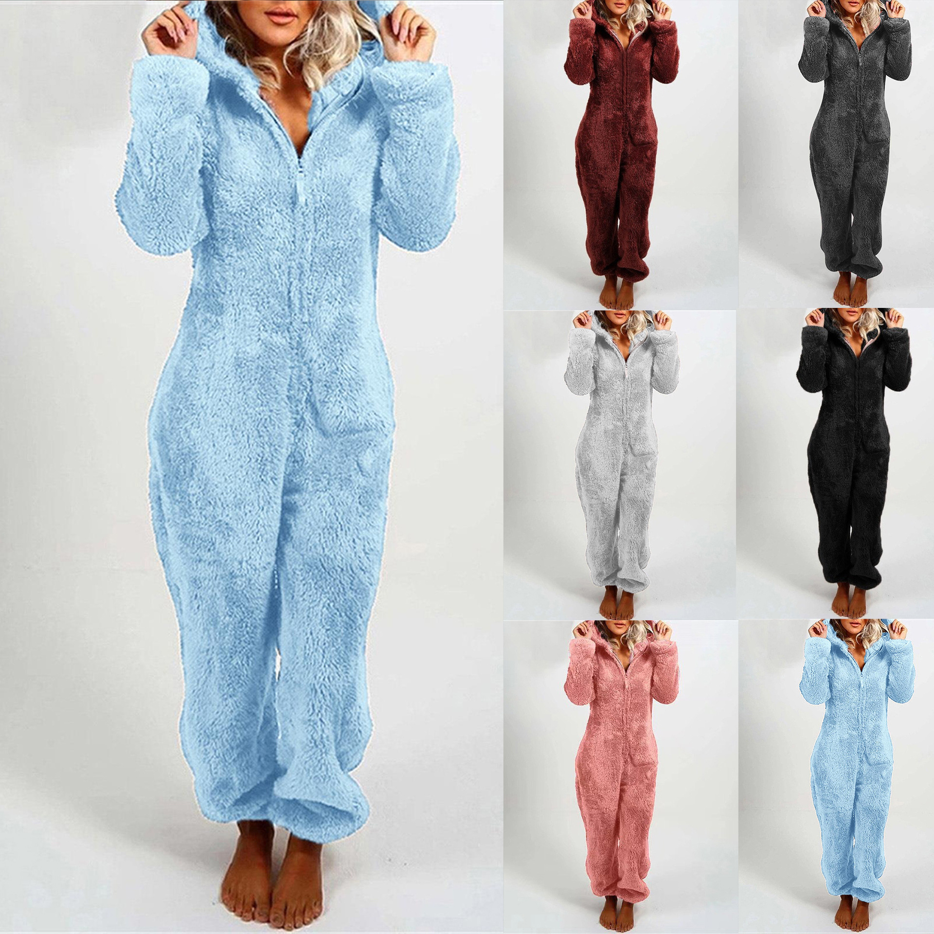 Women's Solid Hooded Long Sleeve Fleece Jumpsuit