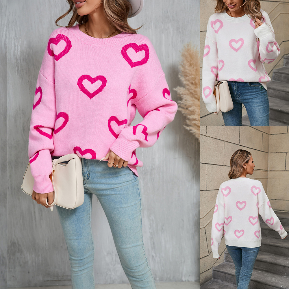 Heart Jacquard Crewneck Pullover Sweater