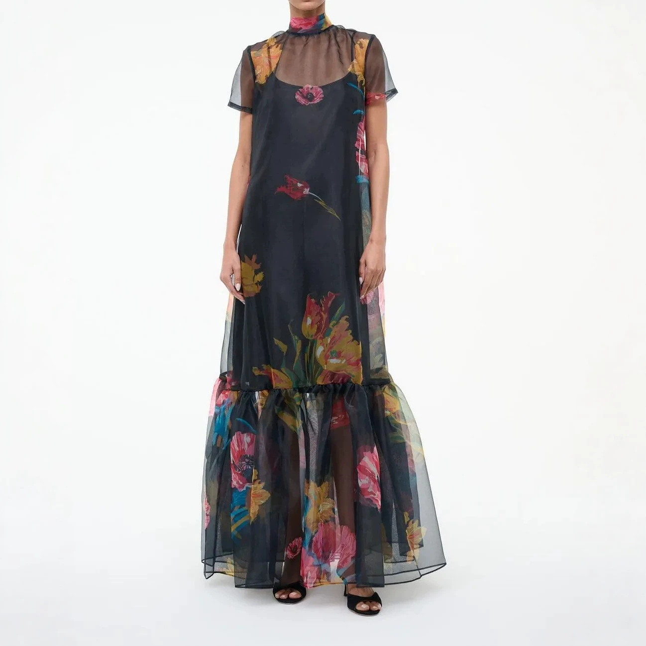 Printed Mesh Long Dress with Stand Collar Flowy Two-Piece Set