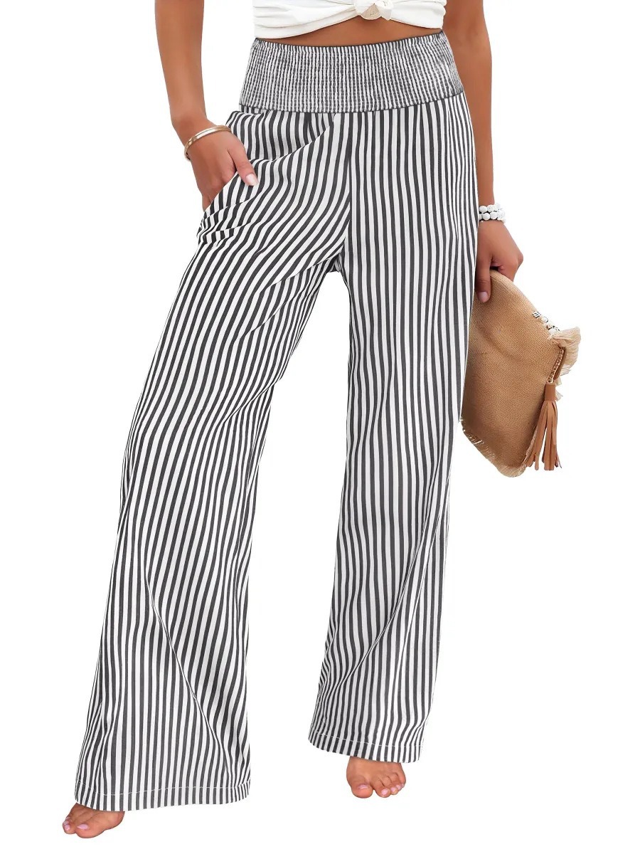 Striped Smocked Wide-Leg Pants for Women, Casual Loose Fit
