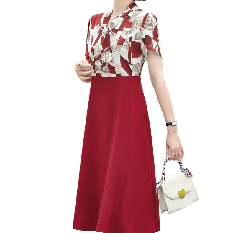 Women's Summer Short Sleeve Midi Dress Fake Two-Piece Waist-Cinching Slimming V-Neck A-Line