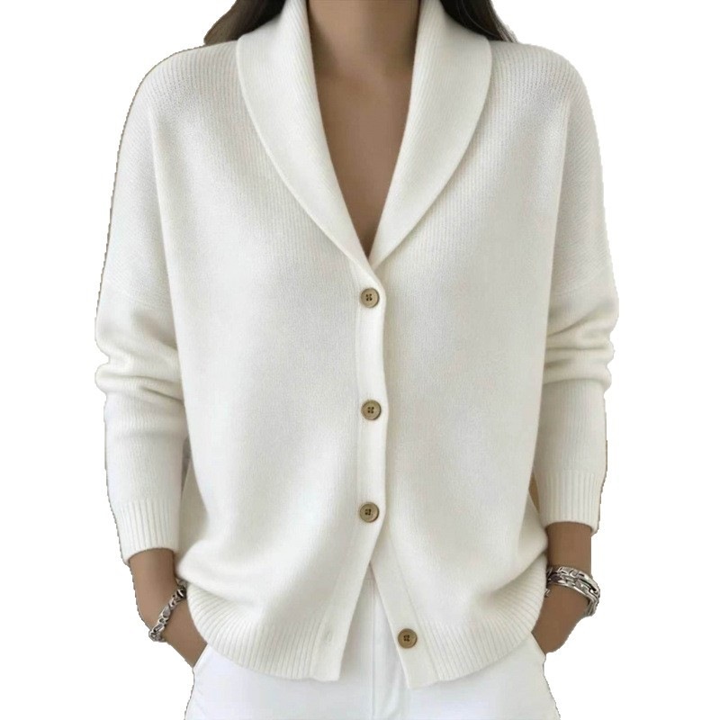 Women's Soft Knit Cardigan Loose Lazy Style Collared Button-Down Long Sleeve Solid Color