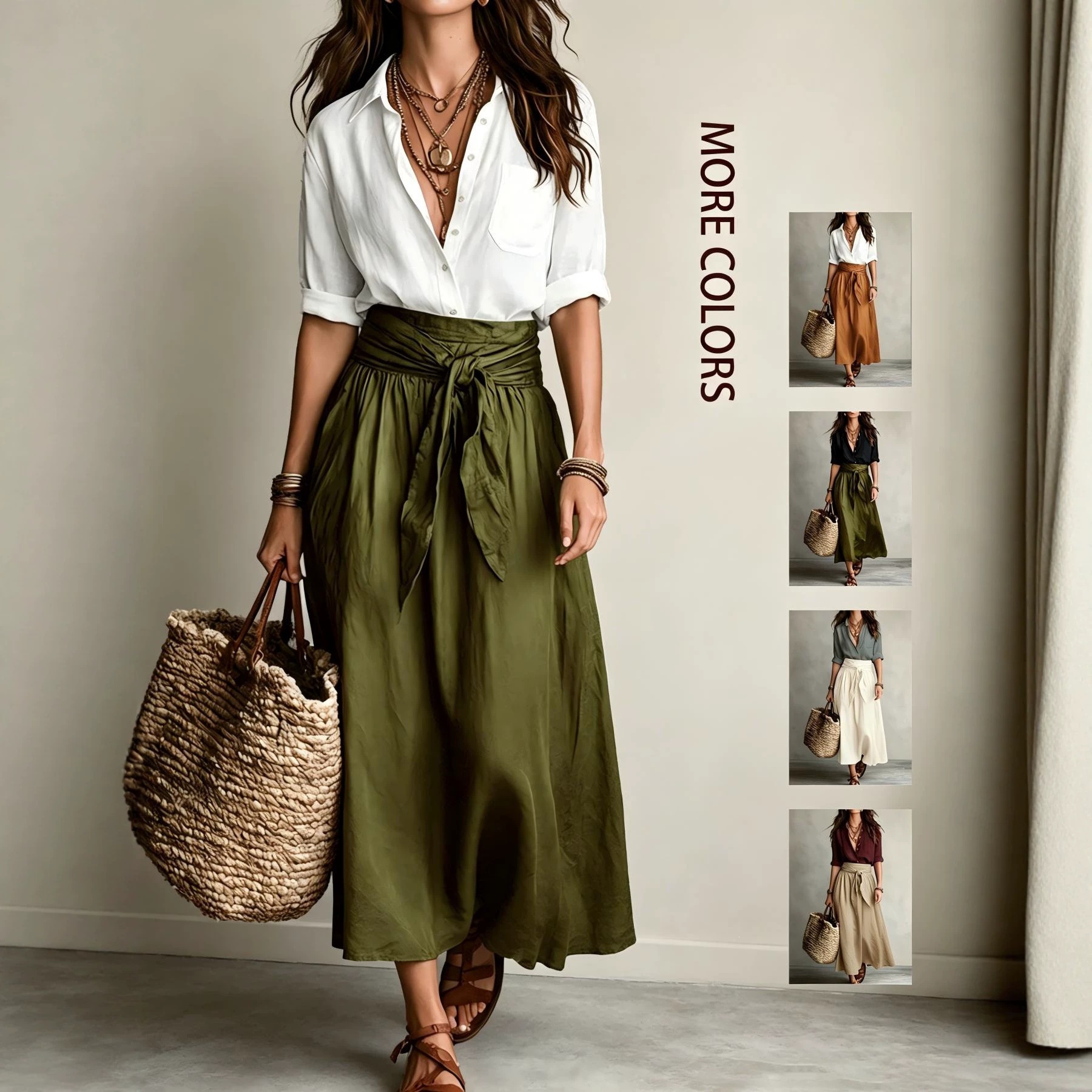 Women's Collared Shirt and Tie-Waist Midi Skirt Set