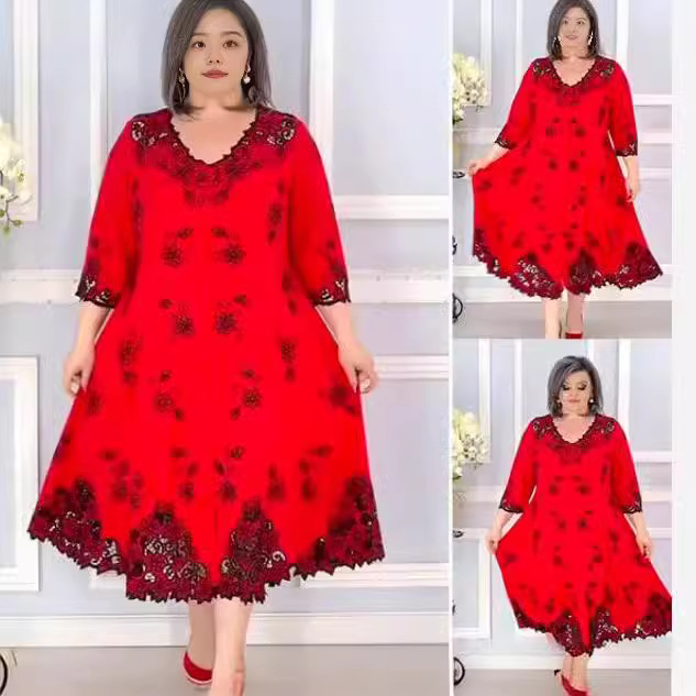 Women's Plus Size Floral Print A-Line Midi Dress V-Neck Short Sleeve Loose Fit