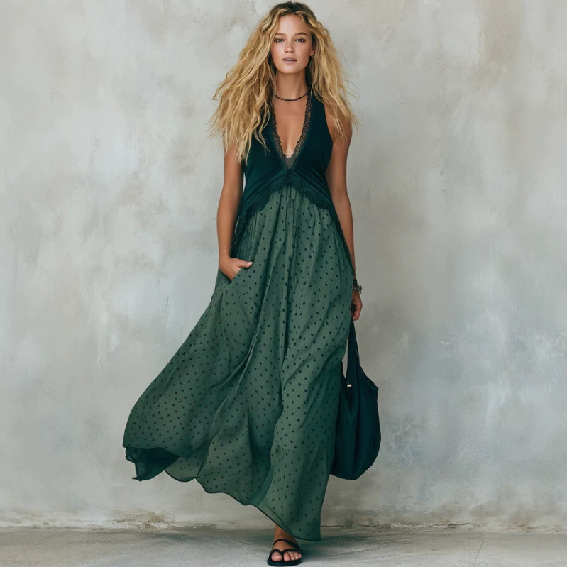 Vintage Green Polka Dot V-Neck Sleeveless High-Waist Midi Dress