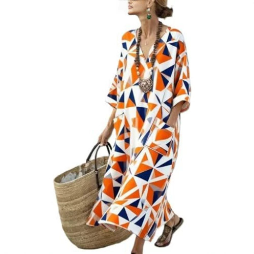 Women's Boho V-Neck A-Line Midi Dress with 3D Print