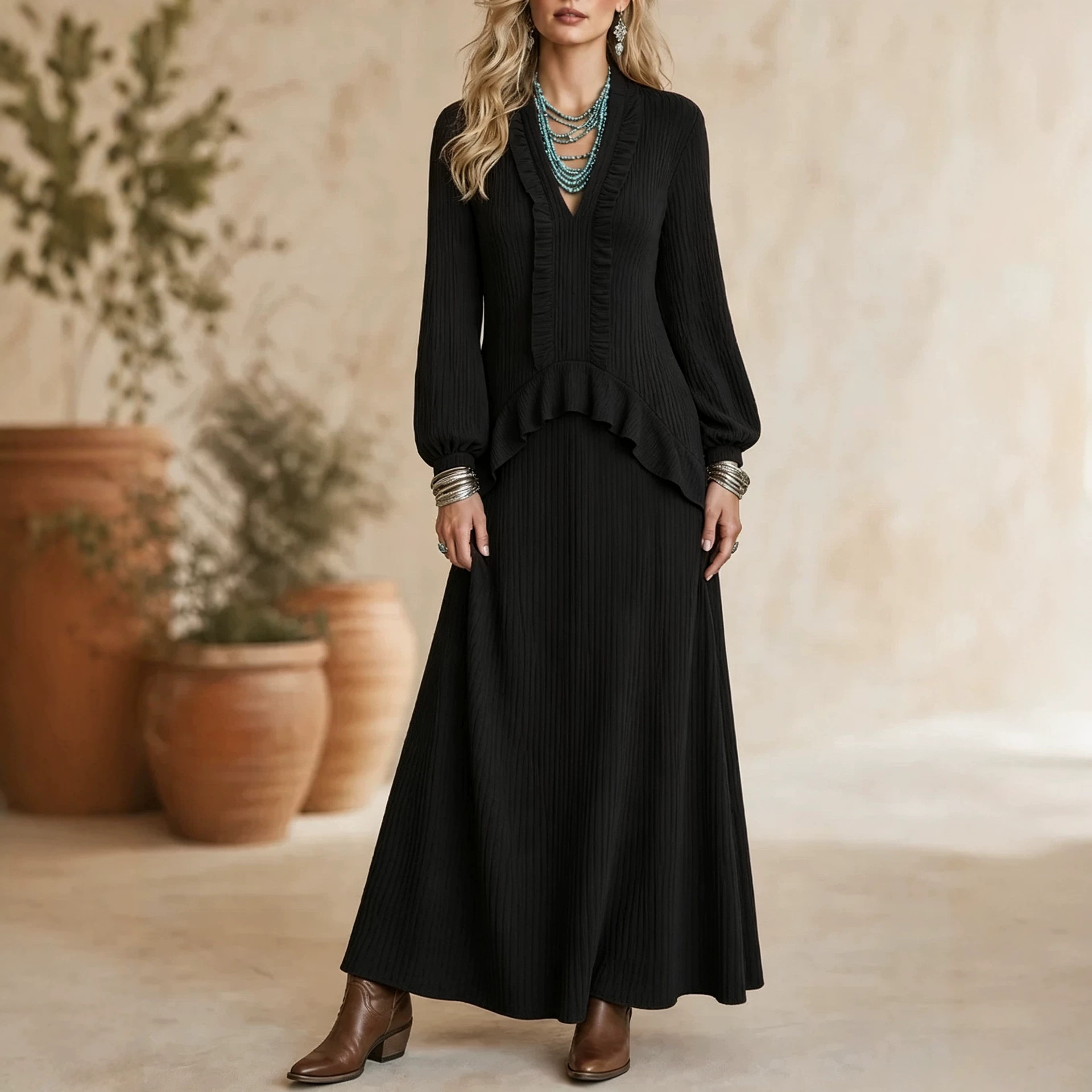 V-Neck Pleated Ruffle Lantern Sleeve Loose Long Dress