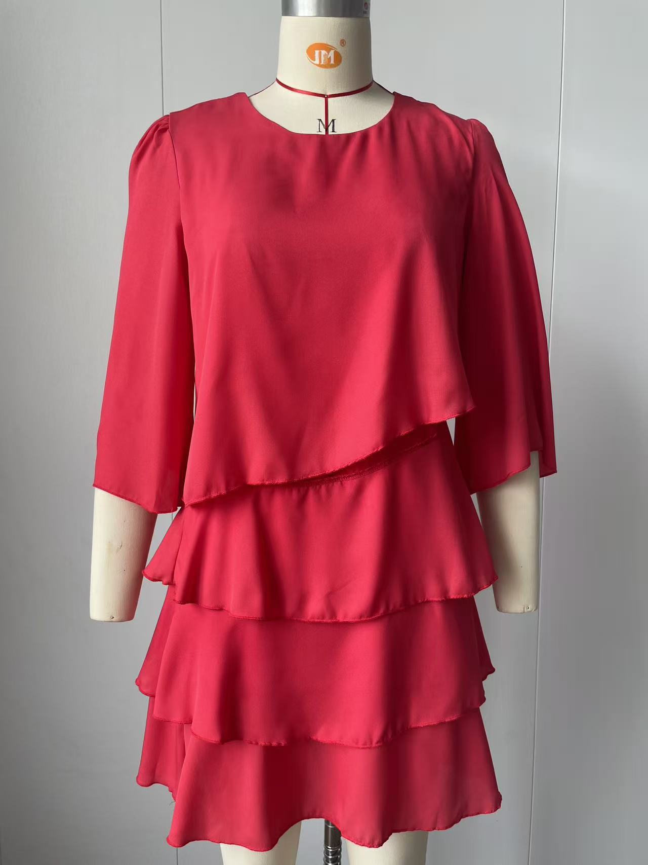 Women's Tiered Cake Dress Round Neck Loose Fit Midi Dress