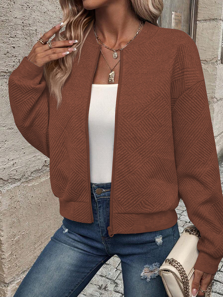 Women's Solid Zip-Up Bomber Jacket Crew Neck Windproof Casual