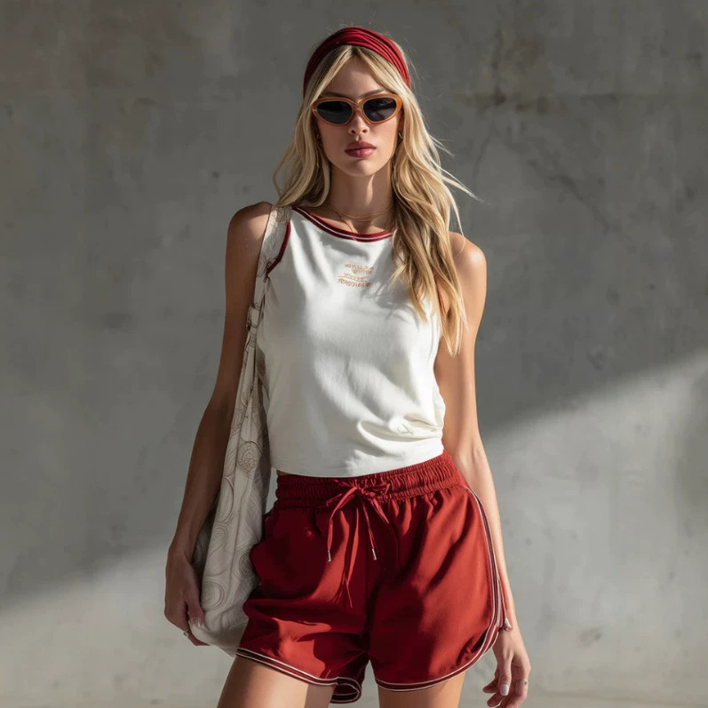 Retro Sporty White Tank Top and Red Cotton Shorts Set