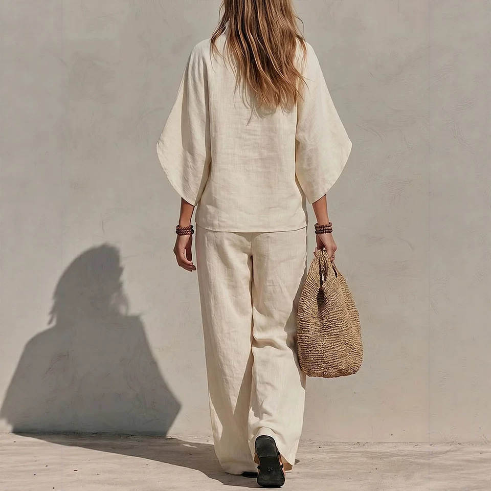 Women's Solid Color Stand Collar 3/4 Sleeve Loose Top and High Waist Wide Leg Pants Cotton Linen Casual Set
