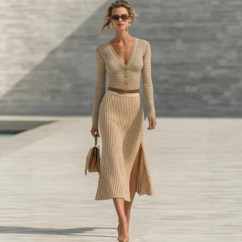 Retro Striped & Solid V-Neck Long-Sleeve Top and Skirt Set