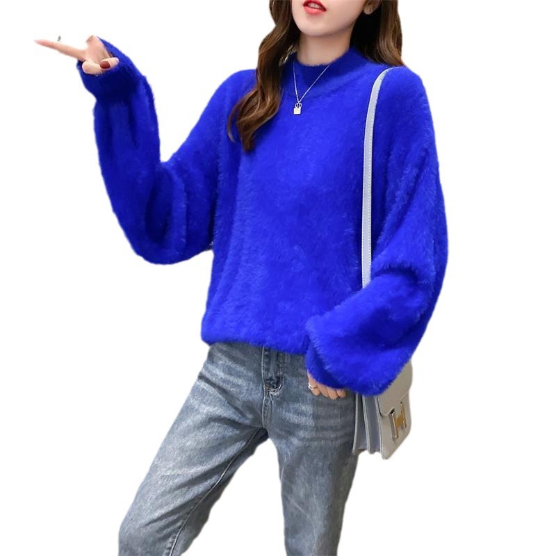 Faux Mink Half-Turtleneck Lantern-Sleeve Knit Sweater