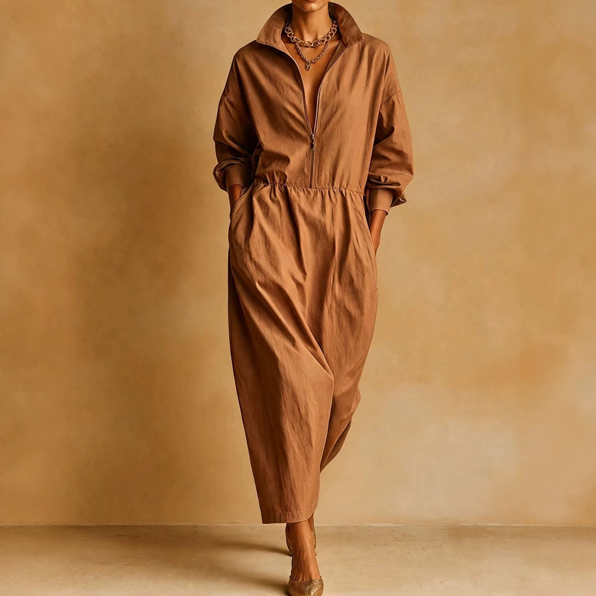 Women's Stand Collar Loose Pocket Midi Dress