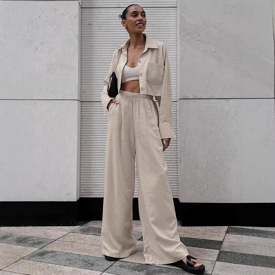 Women's Commuter Two-Piece Set Long Sleeve Shirt & Wide-Leg Pants Slimming