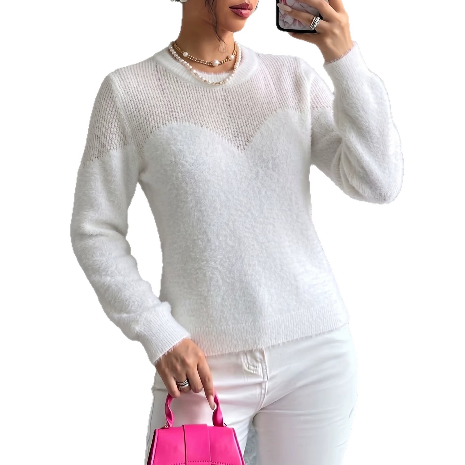 Women's Open-Knit Crewneck Long-Sleeve Top