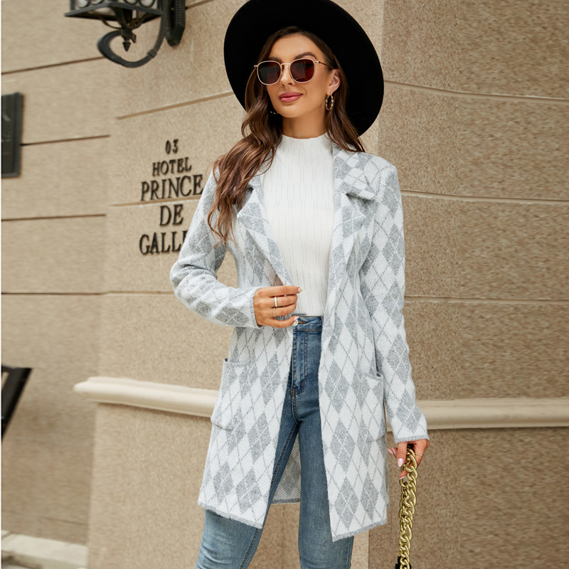 Houndstooth Colorblock Knit Long Cardigan with Suit Collar