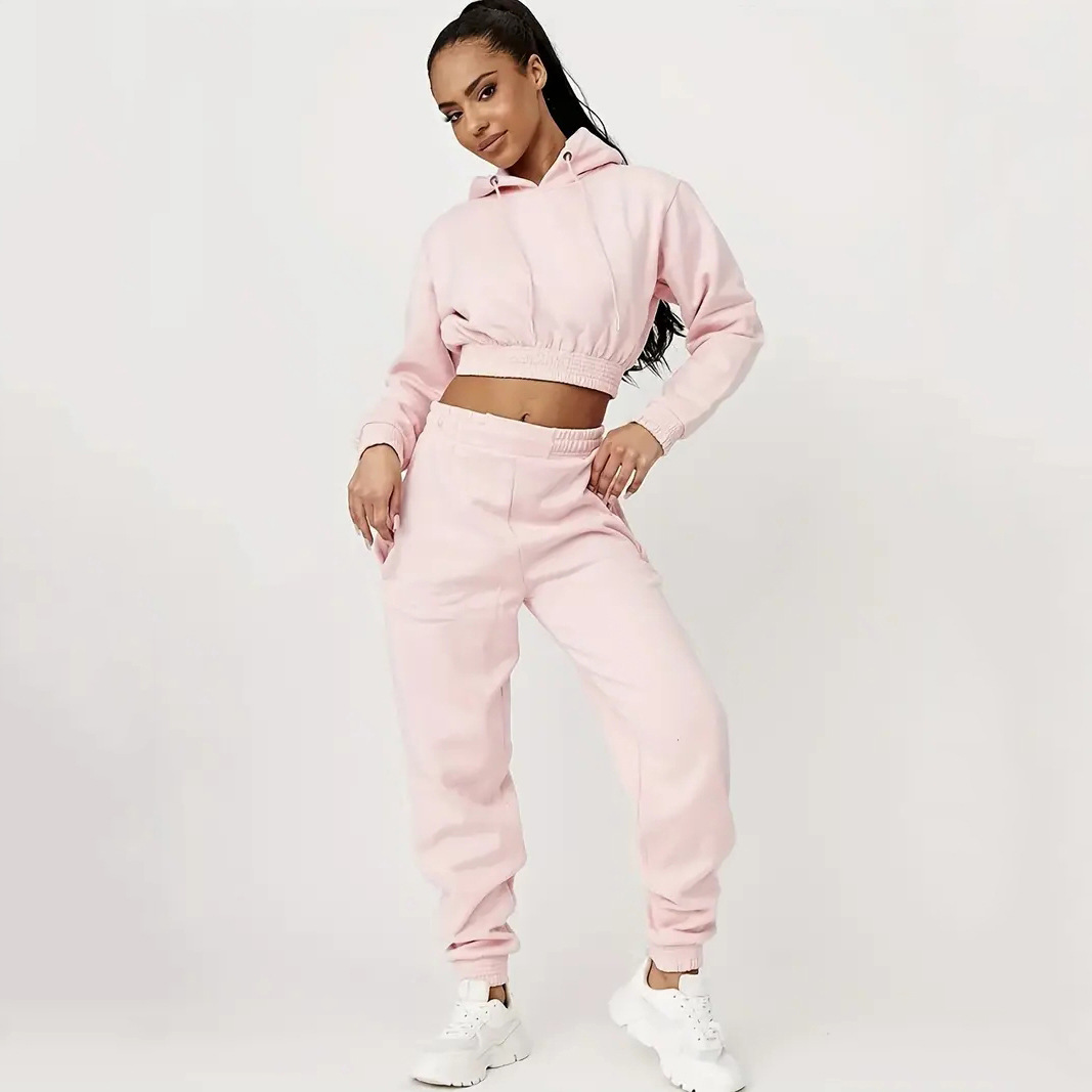 Women's Fleece-Lined Hooded Sweatshirt & Pants Set with Drawstring