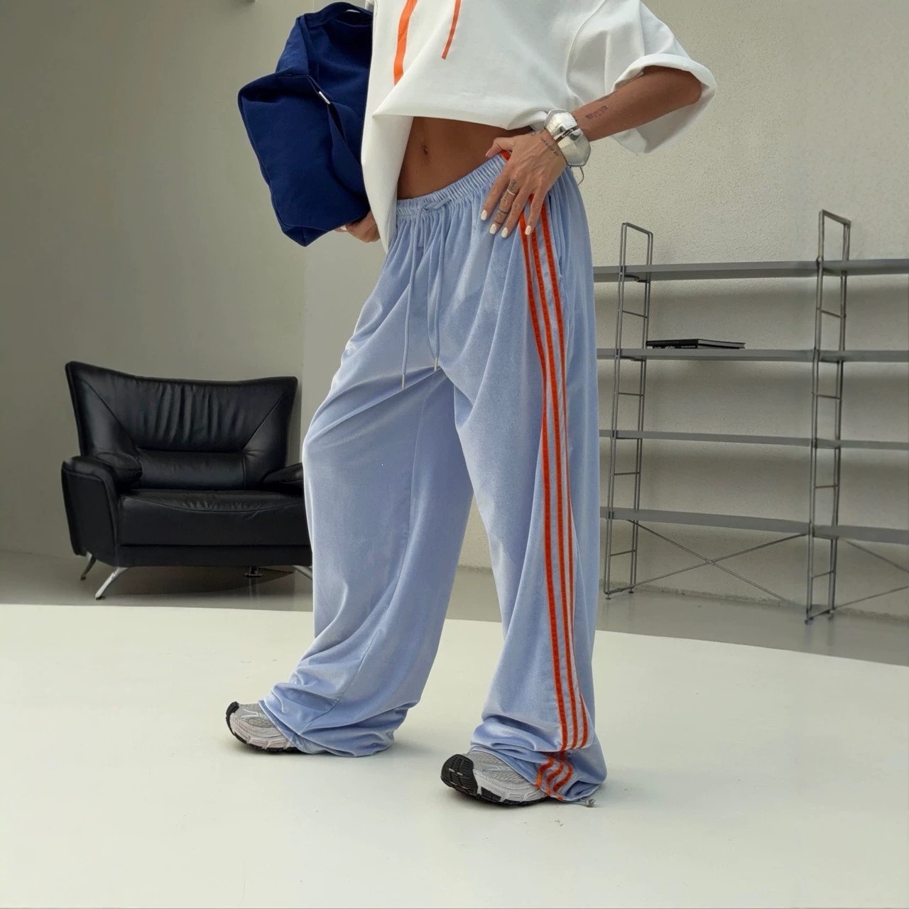 Velvet Side-Stripe Wide-Leg Drawstring Sweatpants