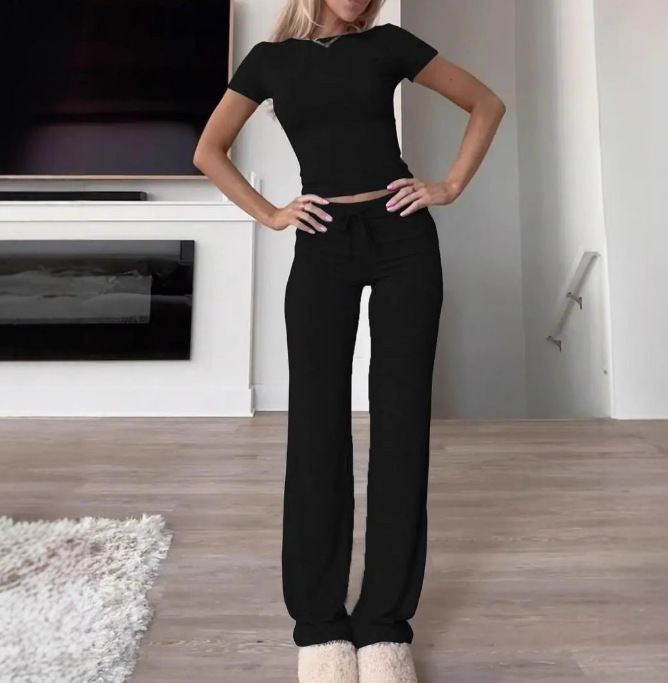 Women's Solid Color Long Pants and Short Sleeve T-Shirt Casual Two-Piece Set
