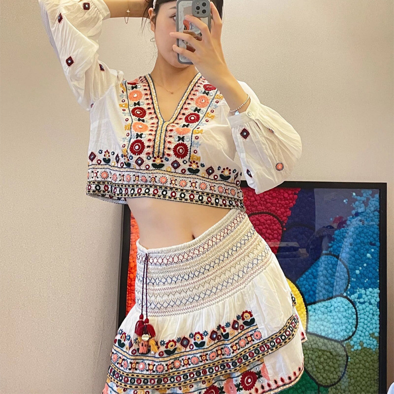 Women's Vintage V-Neck Embroidered Top & High-Waist Tiered Skirt Set