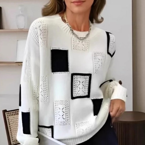 Color-Block Plaid Knit Sweater Women's Loose Retro Crewneck Pullover