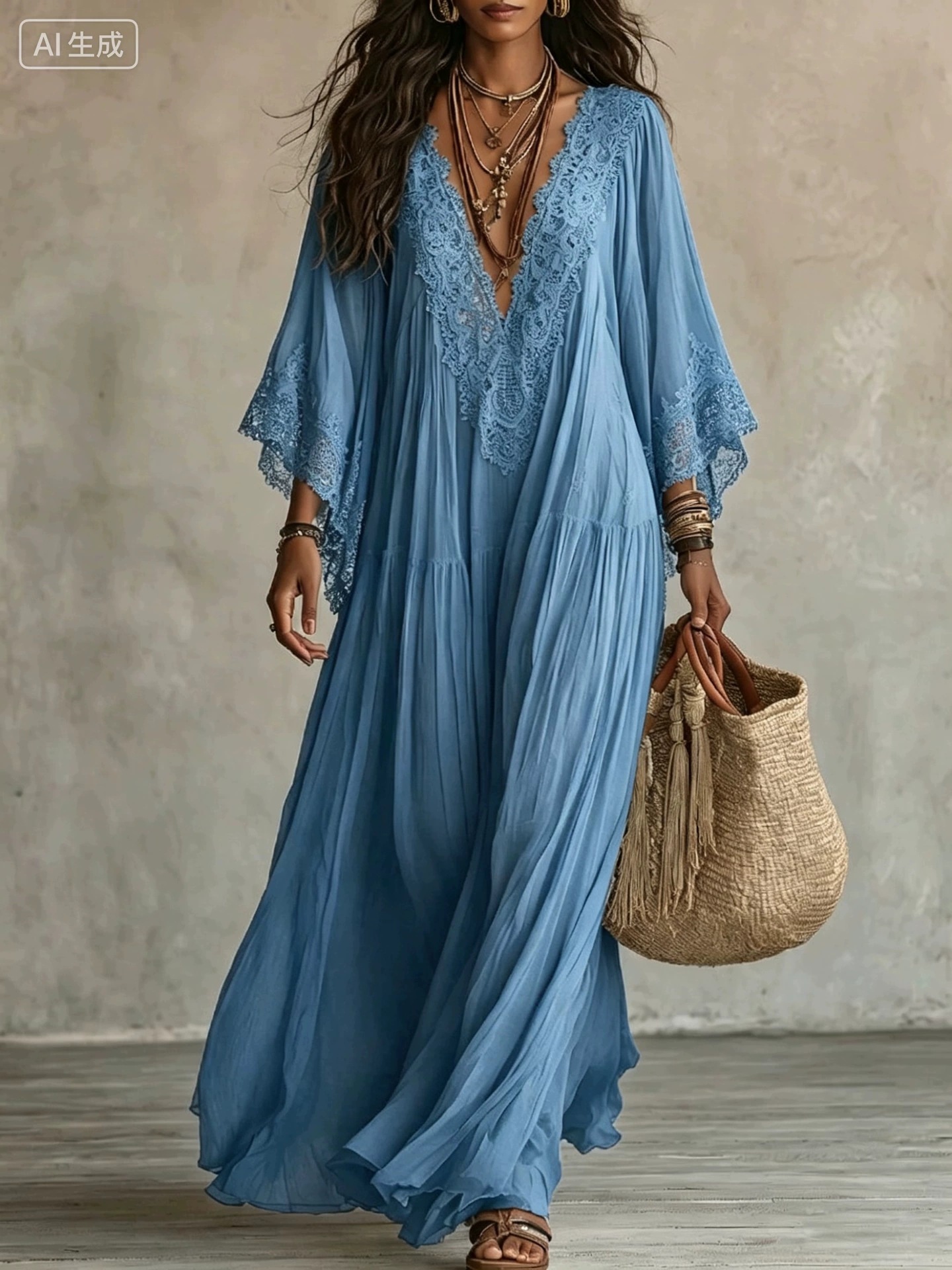 White Lace V-Neck Long Dress with Batwing Sleeves